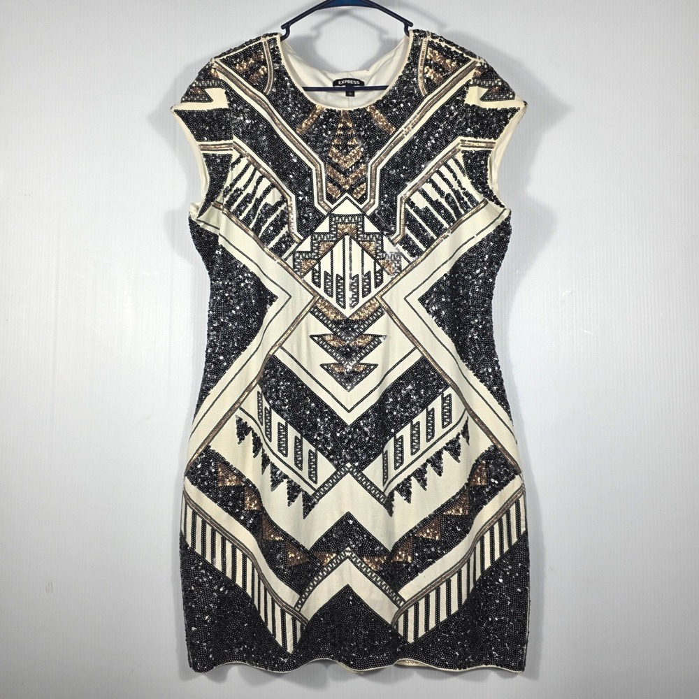 Express Womens XL Sequin Geometric Art Deco Sheath Dress Black Gold Cream Mini